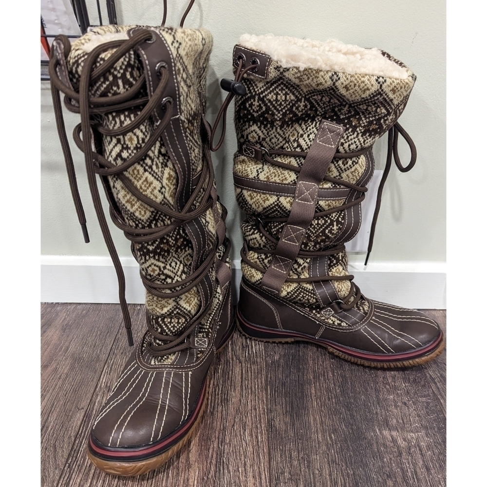 Pajar 63 Canada Fair Isle Shearling Lined Lace Up Grip Boots Size 37